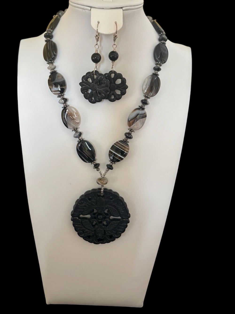 OOAK Artisan Agate Statement Carved Black Onyx Pendant Necklace & Earrings NWOT